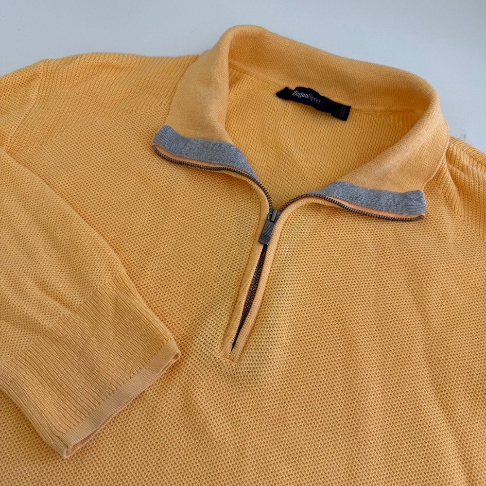 Zegna Sport Mens XL Yellow 100% Cotton Quarter Zip Textured Knit Sweater